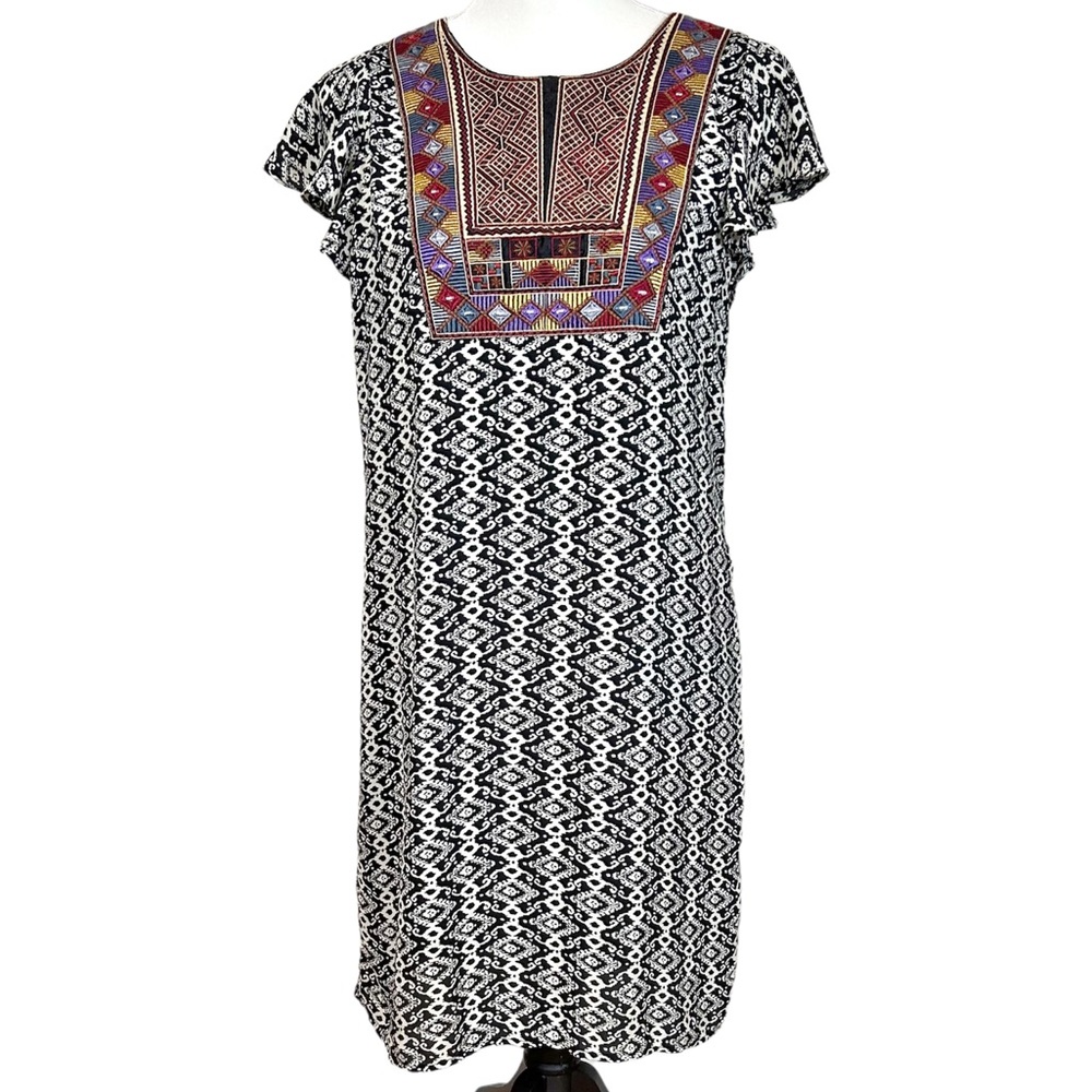 Maeve black white Aleteo embroidered neck dress flutter sleeve Anthropologie